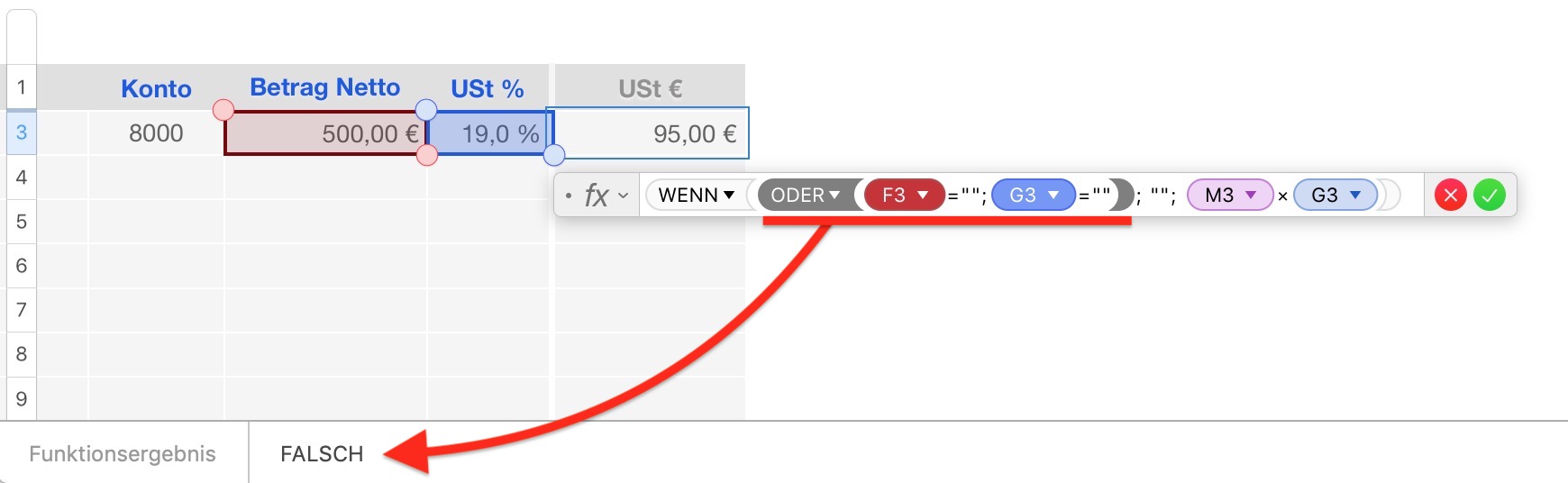 Formelvorschau für Funktion ODER