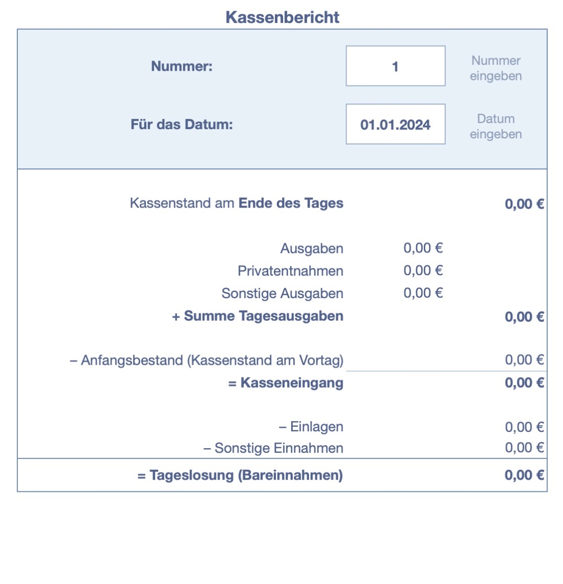 Numbers Vorlage Kassenbuch mit USt 2024 Kasenbericht erstellen