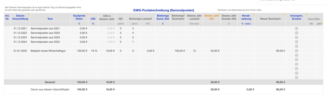 Vorlage Einnahmen-Überschuss-Rechnung 2025 für Mac und iPad GWG Sammelposten
