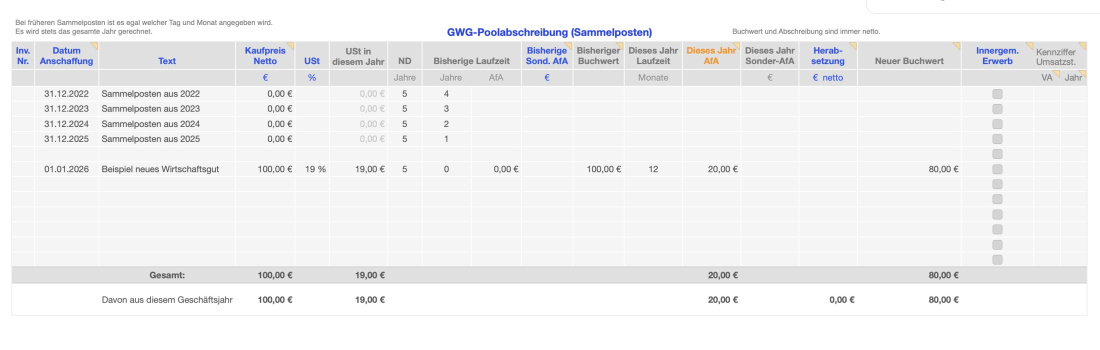 Vorlage Einnahmen-Überschuss-Rechnung 2026 für Mac und iPad GWG Sammelposten