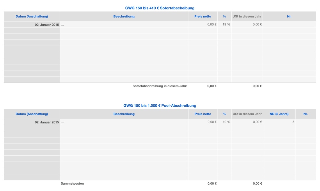 Vorlage Einnahmen-Überschuss-Rechnung 2015 für Mac und iPad Abschreibungen Liste GWG