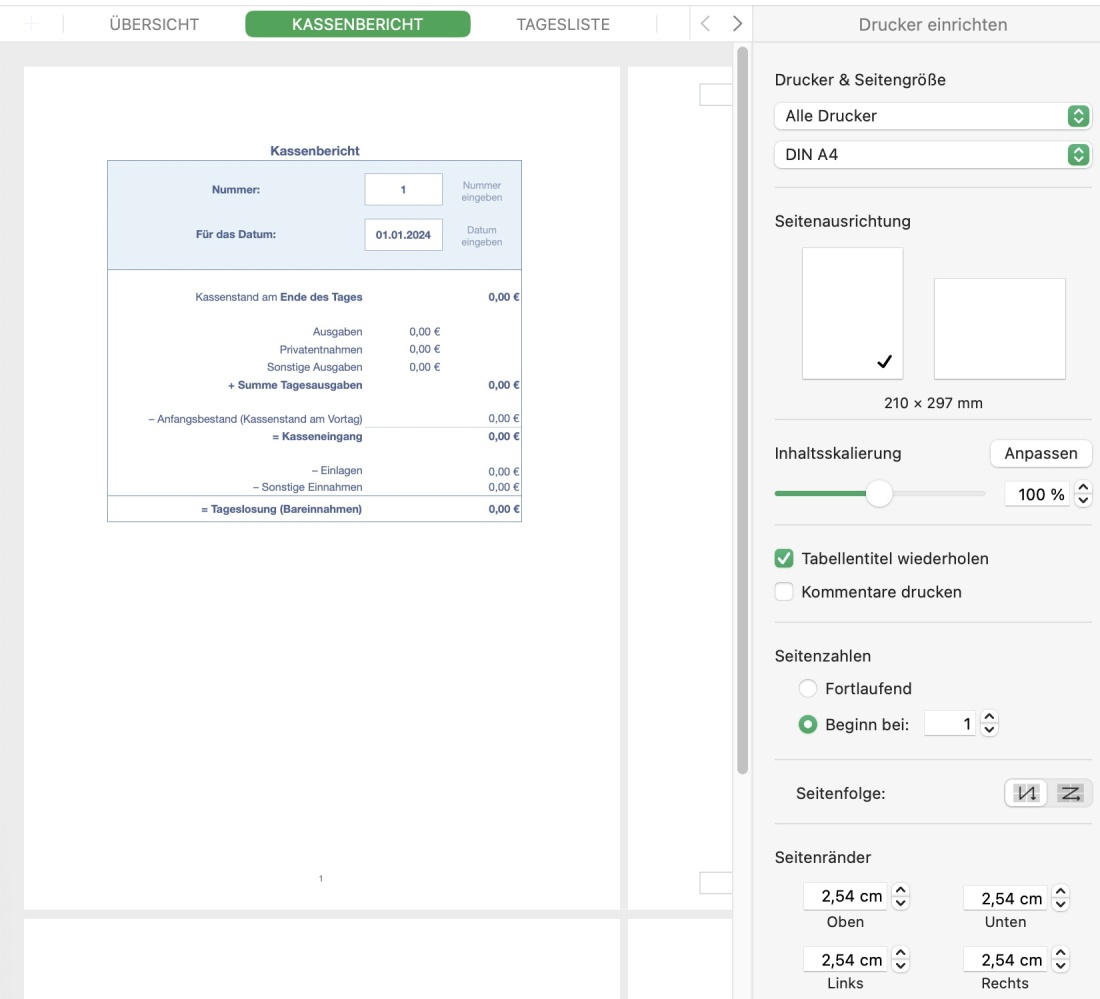 Numbers Vorlage Kassenbuch mit USt 2024 Kassenbericht ausdrucken