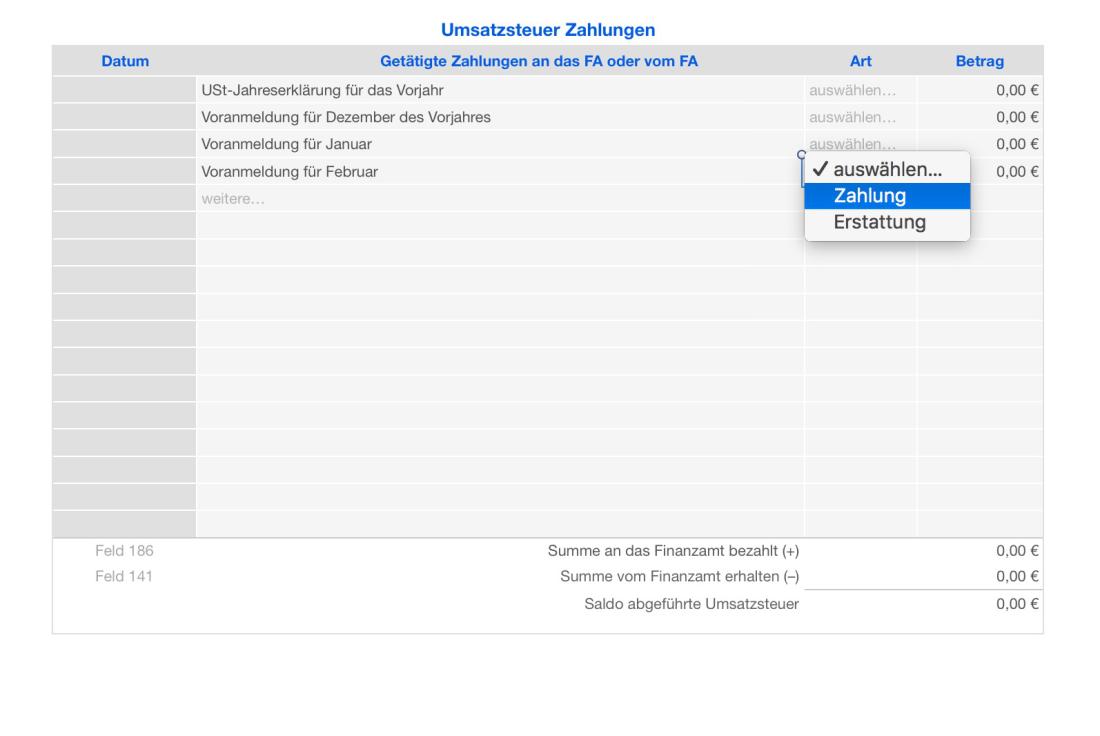 Vorlage Einnahmen-Überschuss-Rechnung 2017 für Mac und iPad USt-Zahlungen