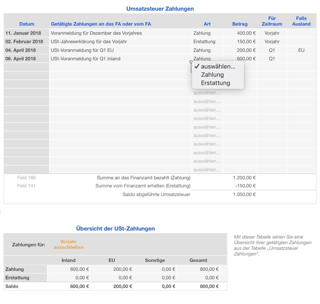 Vorlage Einnahmen-Überschuss-Rechnung 2018 für Mac und iPad USt-Zahlungen