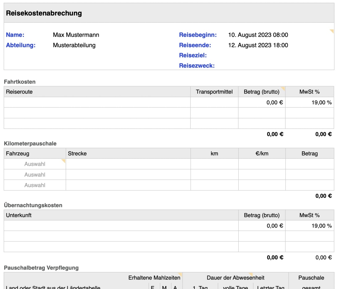 Numbers Vorlage Reisekostenabrechnung Details oben