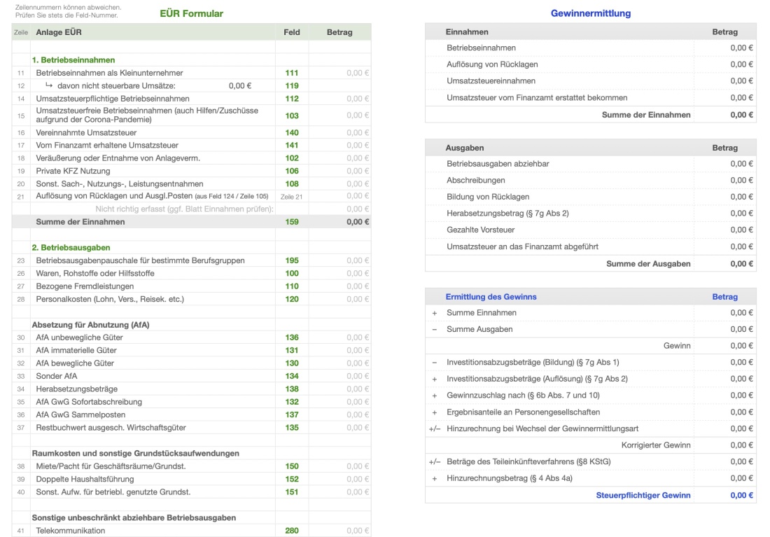 Einnahmen-Überschuss-Rechnung 2025 ohne USt Gewinnermittlung