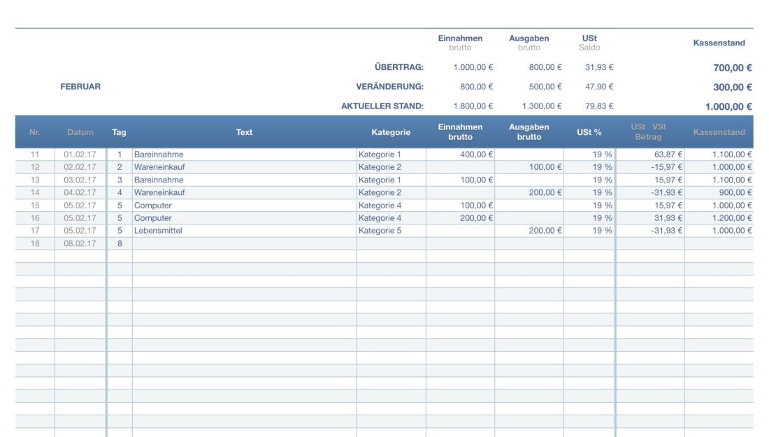Numbers Vorlage Kassenbuch mit USt Tabelle 2017