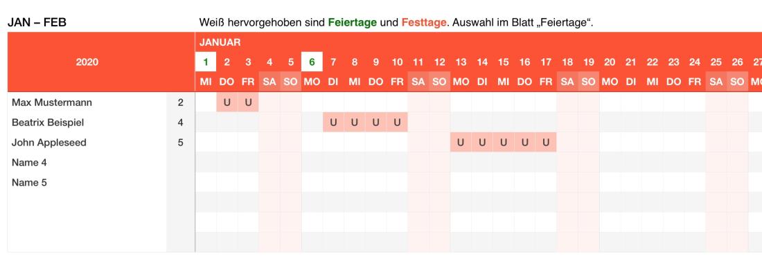 Numbers Vorlage Urlaubsplaner 2020 eintragen