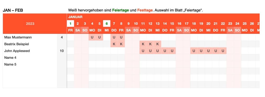 Numbers Vorlage Urlaubsplaner 2024 eintragen