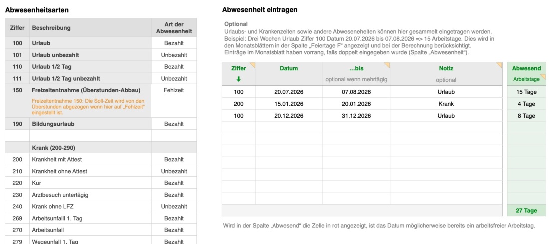 Numbers Vorlage Zeiterfassung Arbeitszeiterfassung Plus 2026 Abwesenheiten