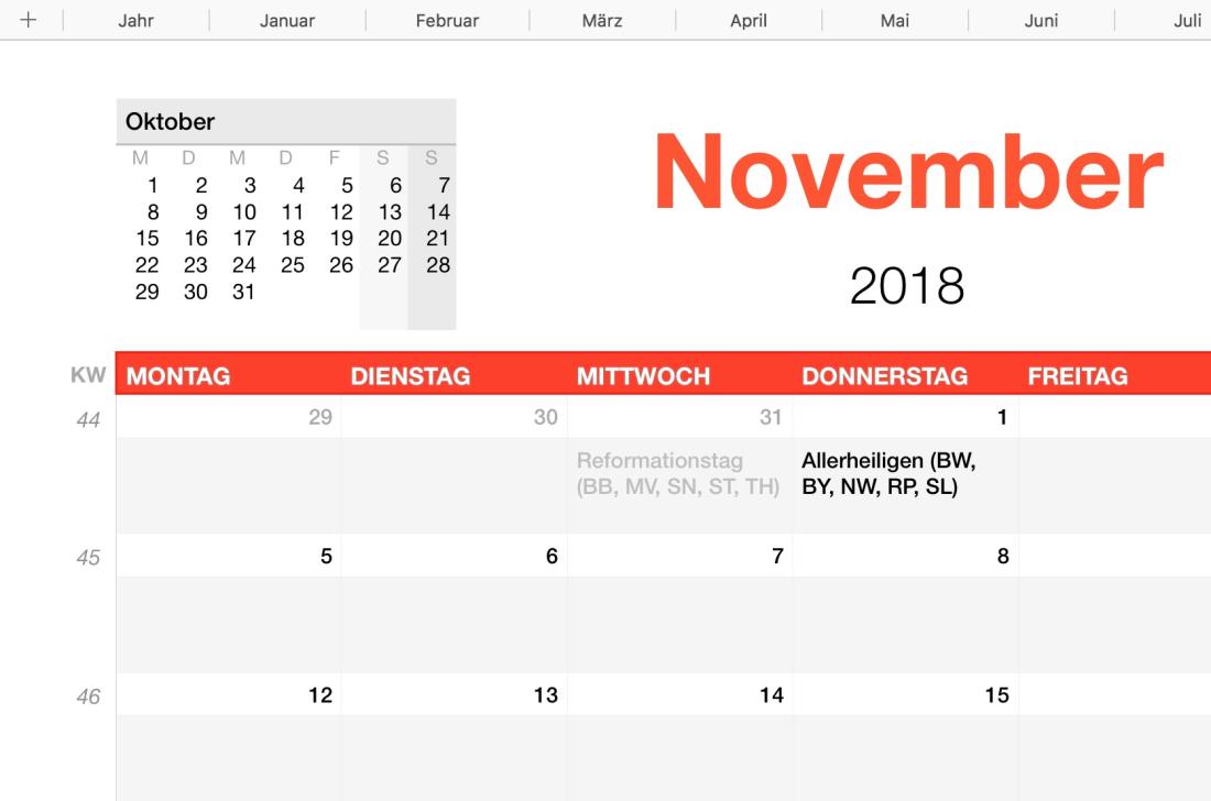 Numbers Vorlage Kalender 2018 Detail