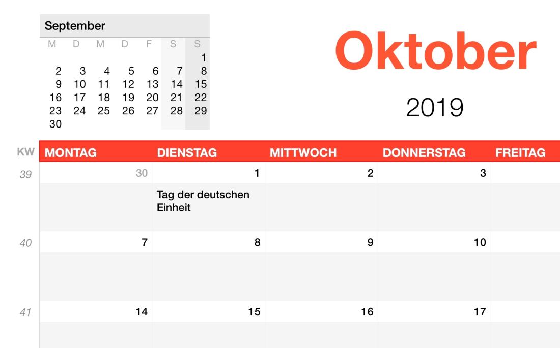 Numbers Vorlage Kalender 2019 Detail