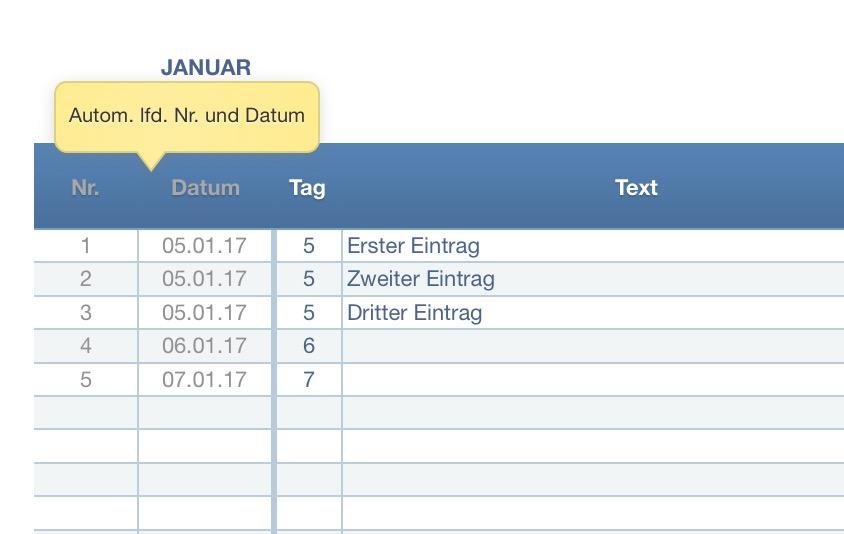Numbers Vorlage Kassenbuch Datumseingabe 2017