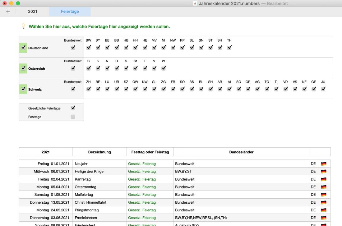 Numbers Vorlage Kalender 2021 Feiertage Filter