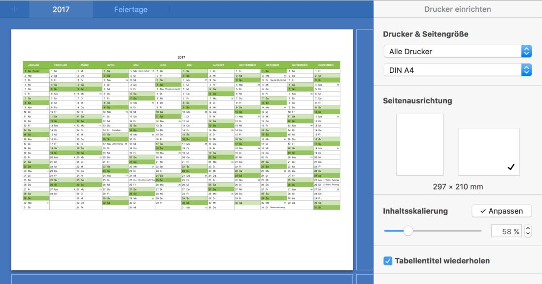 Numbers Vorlage Kalender drucken