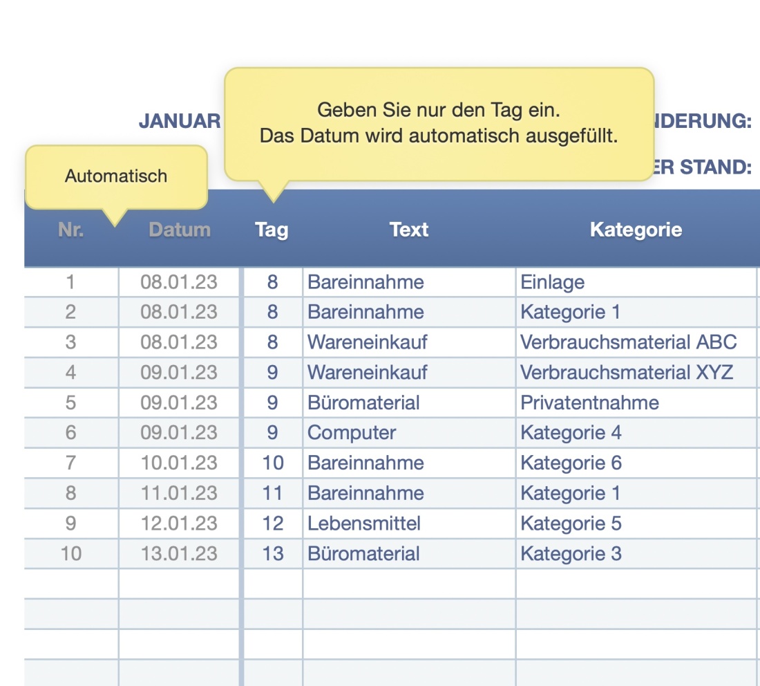 Numbers Vorlage Kassenbuch mit USt 2023 Datumseingabe