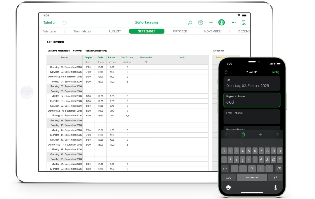Numbers Vorlage Zeiterfassung Arbeitszeiterfassung Schuljahr für iPad 2026
