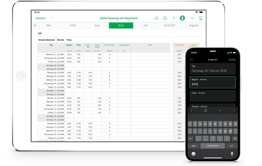Numbers Vorlage Arbeitszeiterfassung mit Nachtschicht 2026 für iPad und iPhone