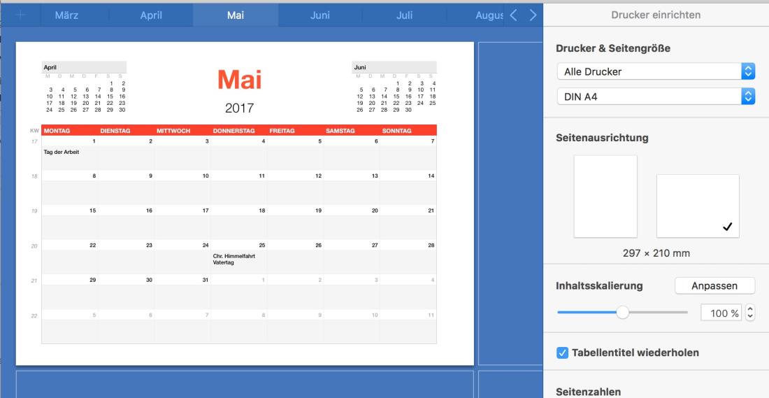 Numbers Vorlage Kalender 2017 Drucken