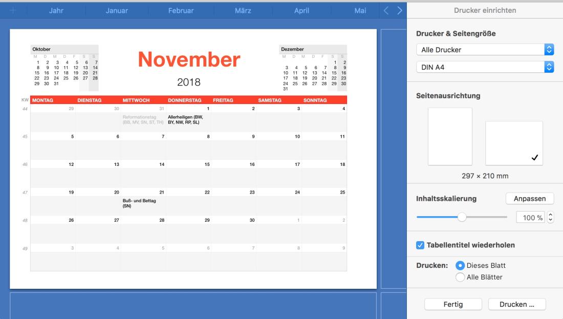 Numbers Vorlage Kalender 2018 Drucken