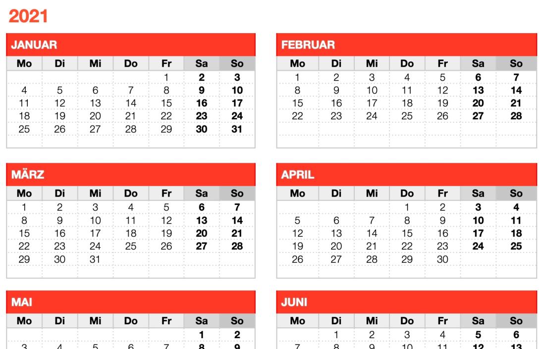 Numbers Vorlage Kalender 2021 Jahresansicht