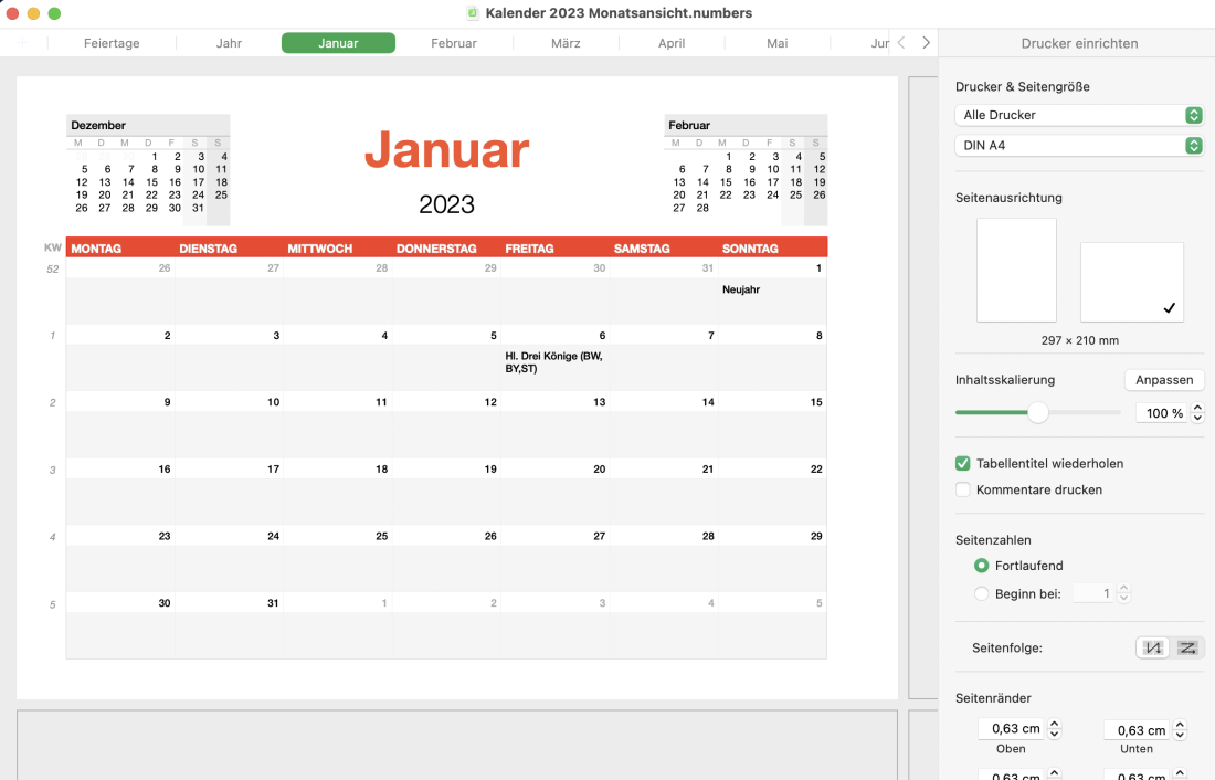 Numbers Vorlage Kalender Monatsansicht 2023 Druckansicht