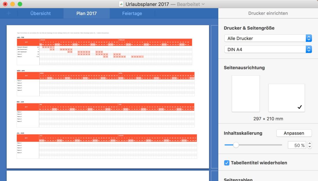 Numbers Vorlage Urlaubsplaner 2017 Druckansicht