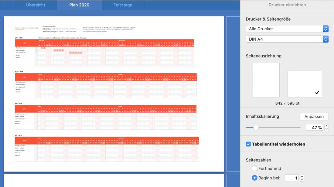 Numbers Vorlage Urlaubsplaner 2020 Druckansicht