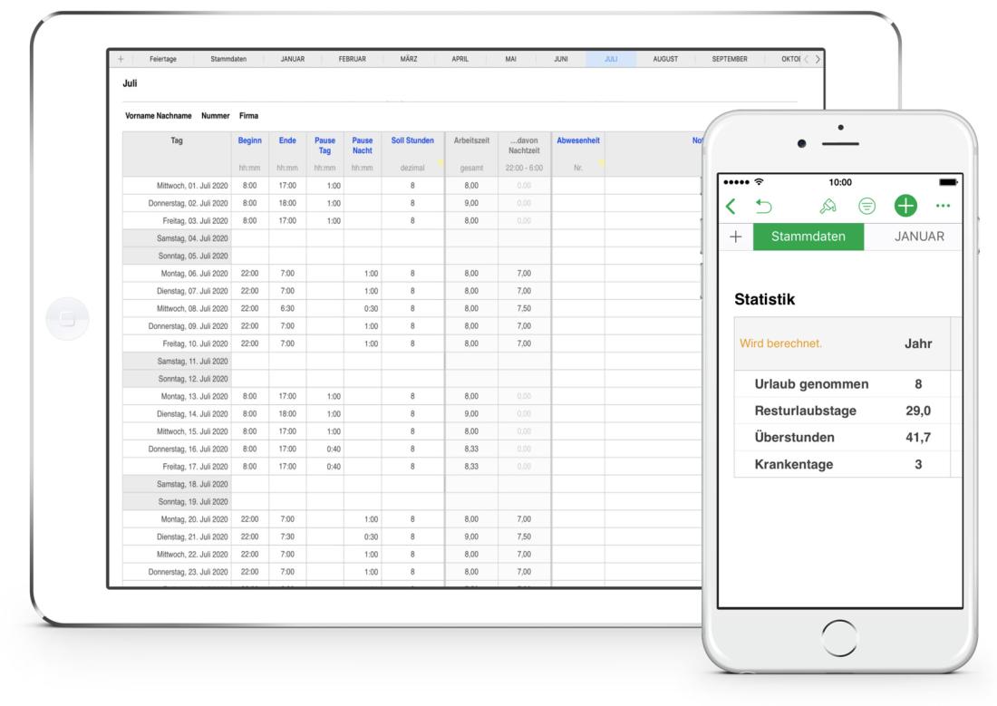 Numbers Vorlage Arbeitszeiterfassung mit Nachtschicht 2020 für iPad