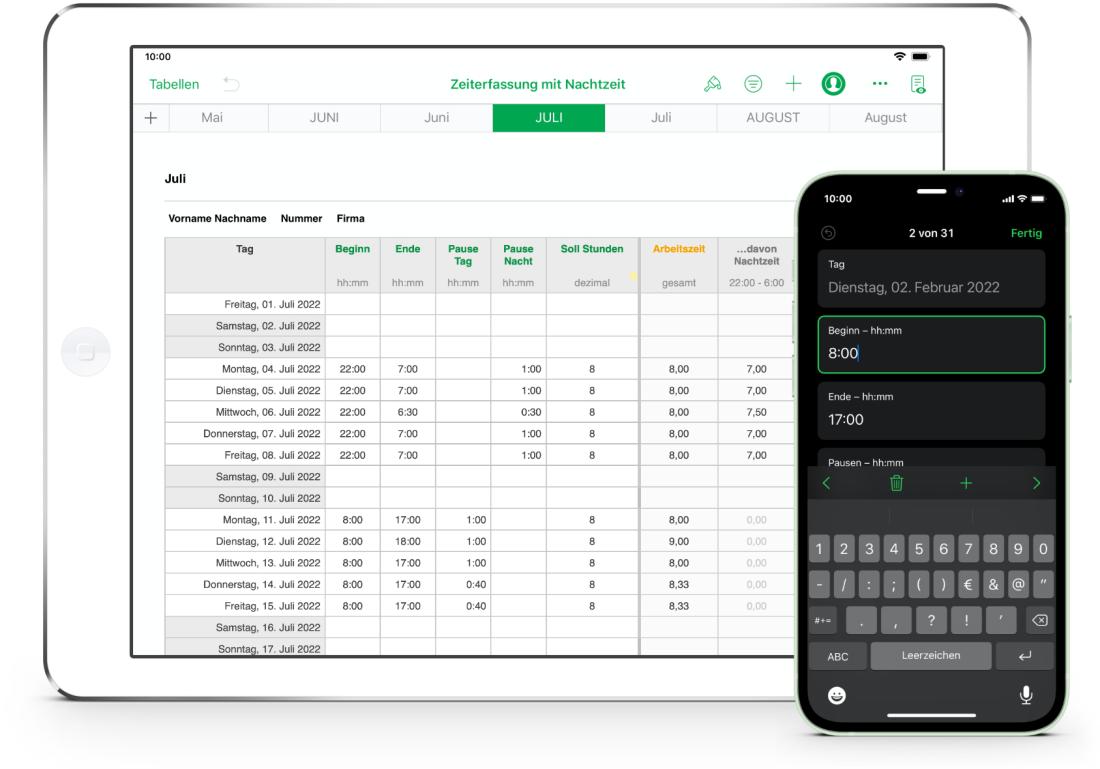 Numbers Vorlage Arbeitszeiterfassung mit Nachtschicht 2022 für iPad und iPhone