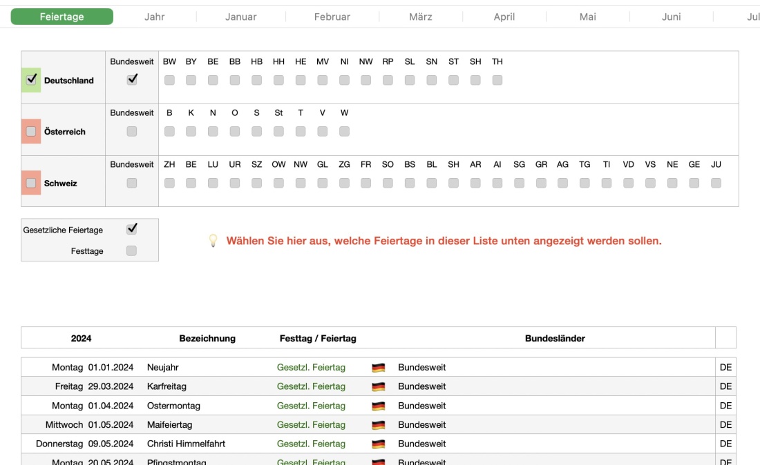 Numbers Vorlage Kalender Monatsansicht 2024 Feiertage