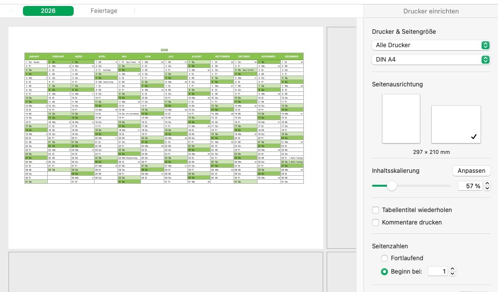 Numbers Vorlage Kalender 2026 Druckansicht