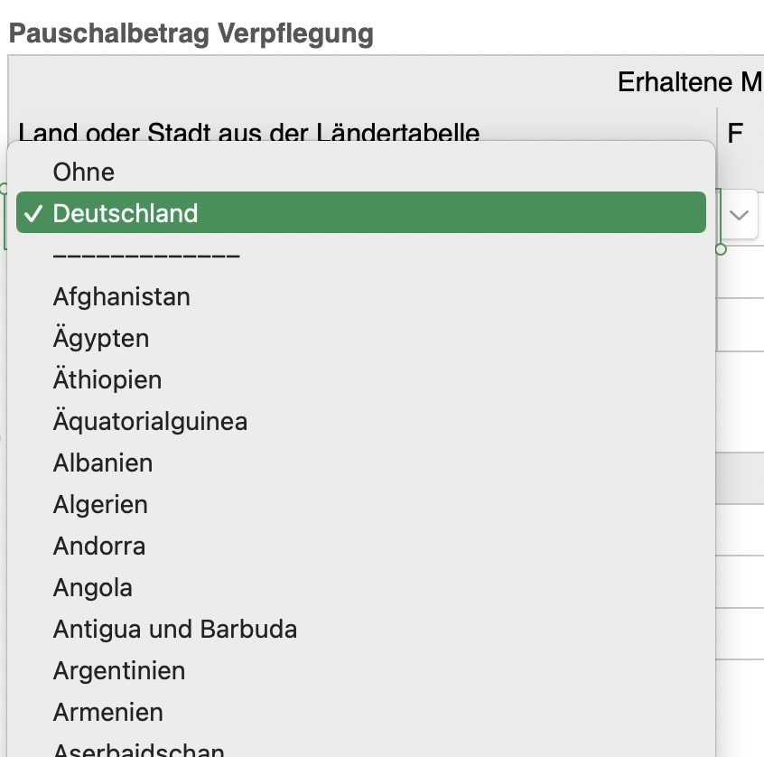 Numbers Vorlage Reisekostenabrechnung Auswhalliste Länder