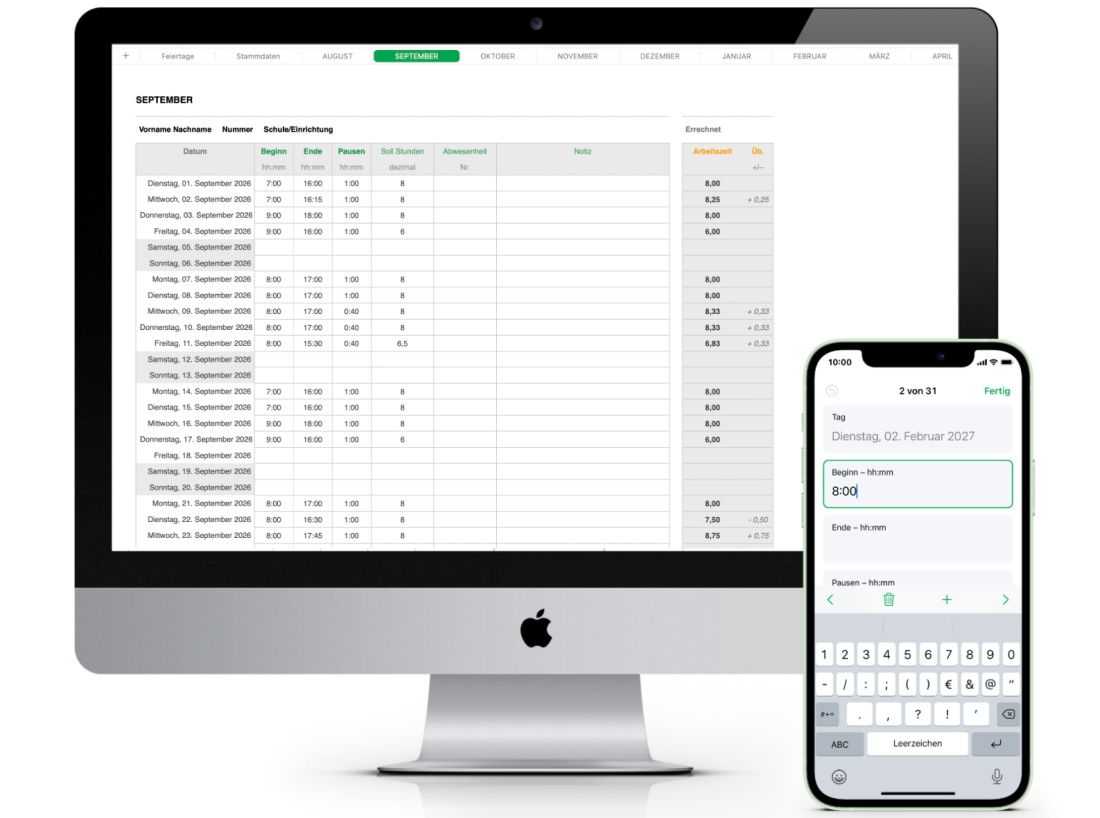 Numbers Vorlage Zeiterfassung Arbeitszeiterfassung Schuljahr Mac und iPhone 2026