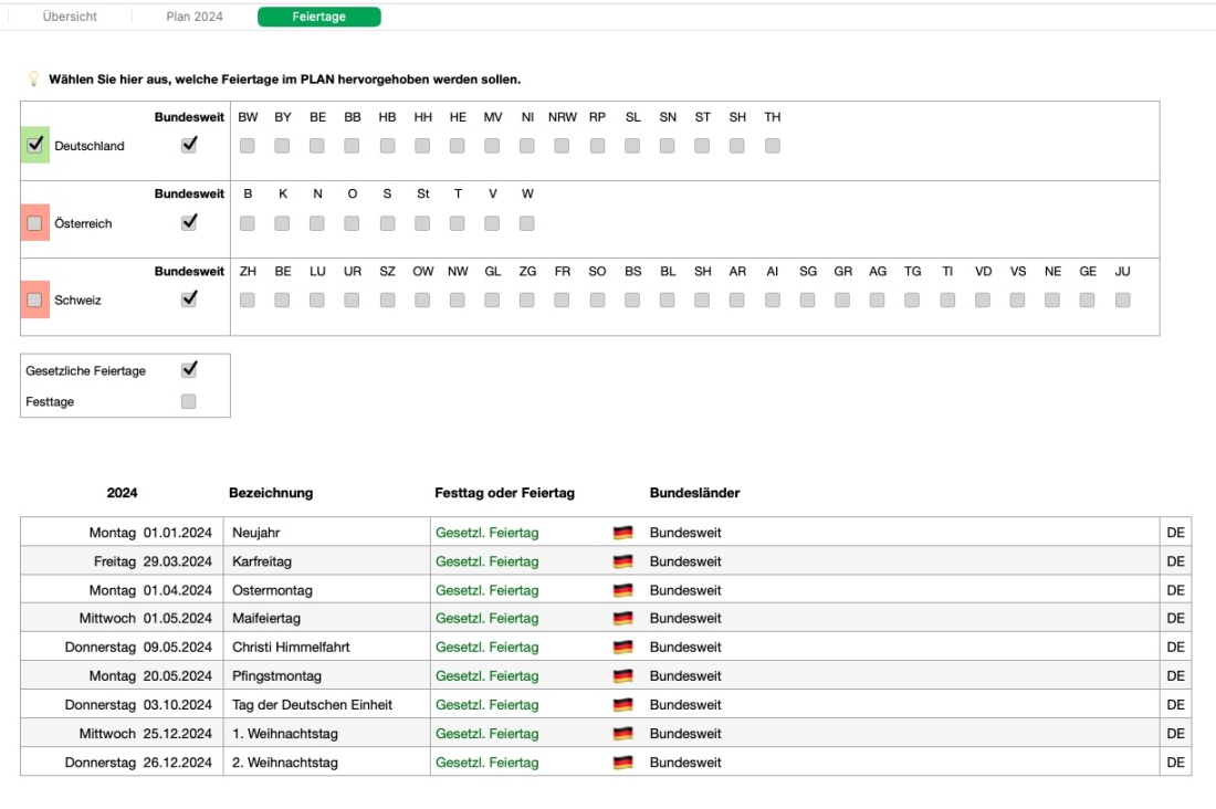 Numbers Vorlage Urlaubsplaner 2024 Liste Feiertage Deutschland Österreich Schweiz