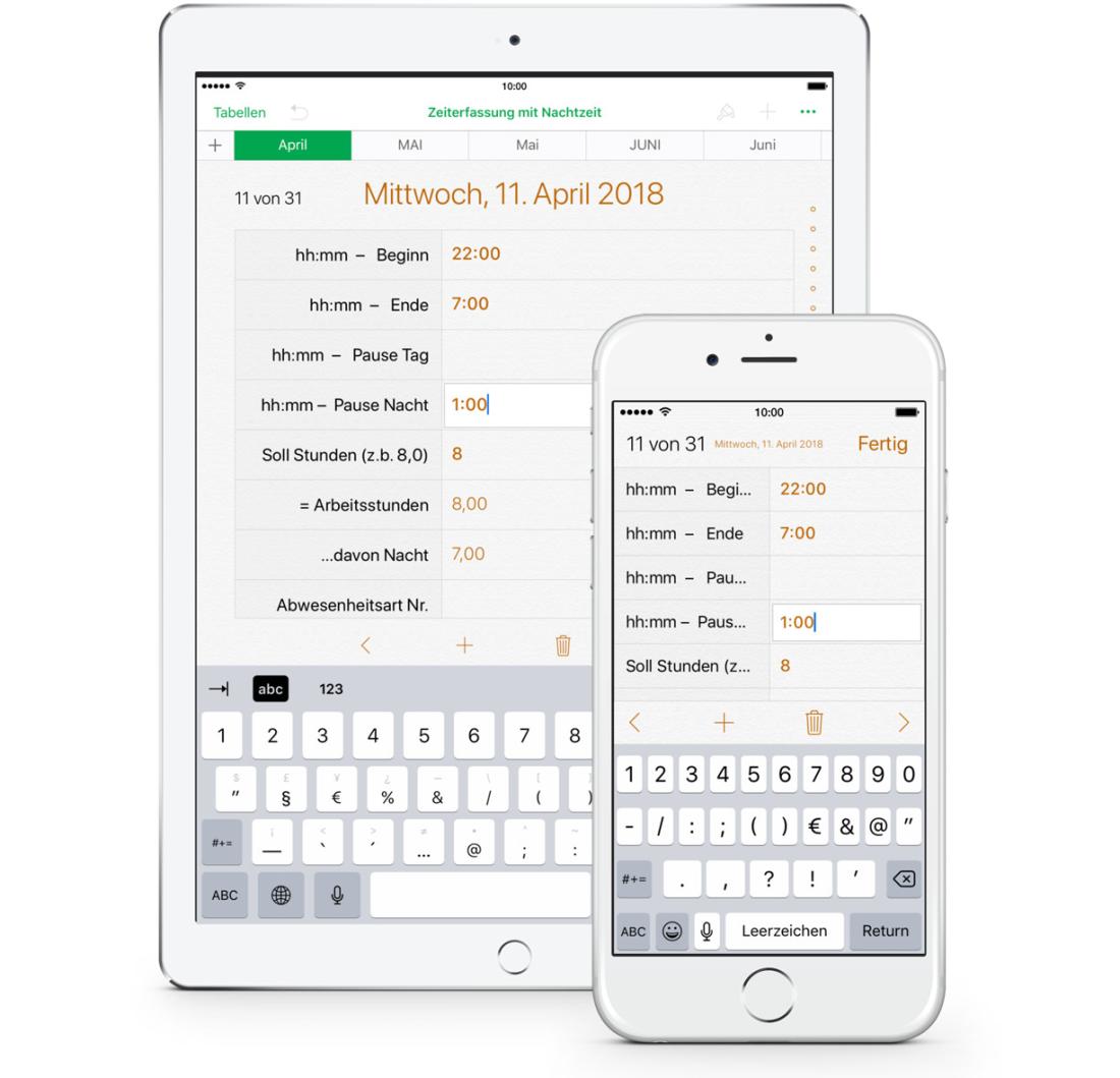 Numbers Vorlage Arbeitszeiterfassung mit Nachtschicht 2018 iPhone Formular