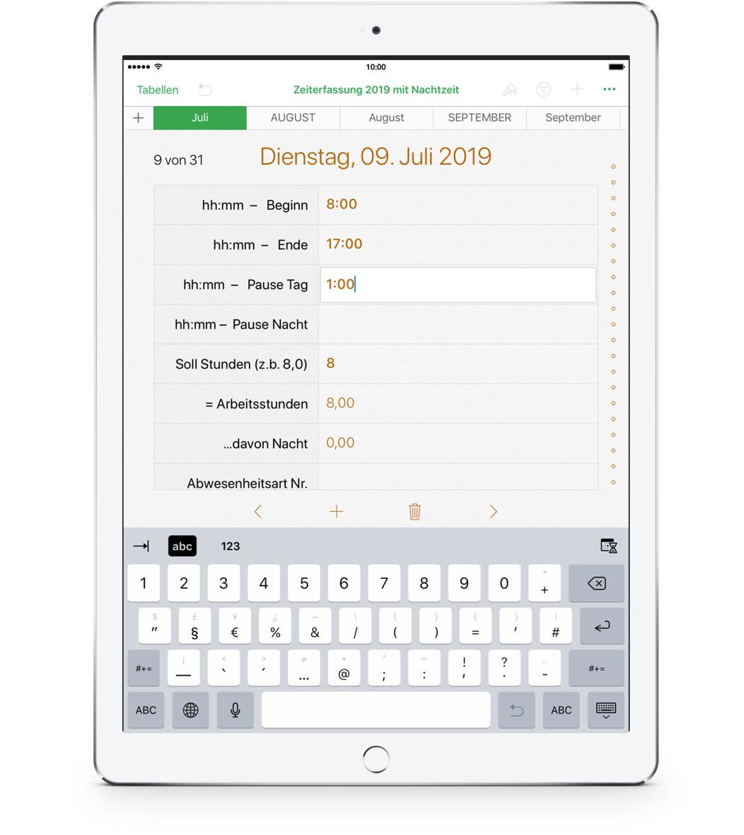 Numbers Vorlage Arbeitszeiterfassung mit Nachtschicht 2019 iPhone Formular