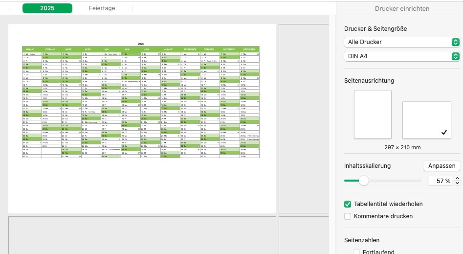 Numbers Vorlage Kalender 2025 Druckansicht