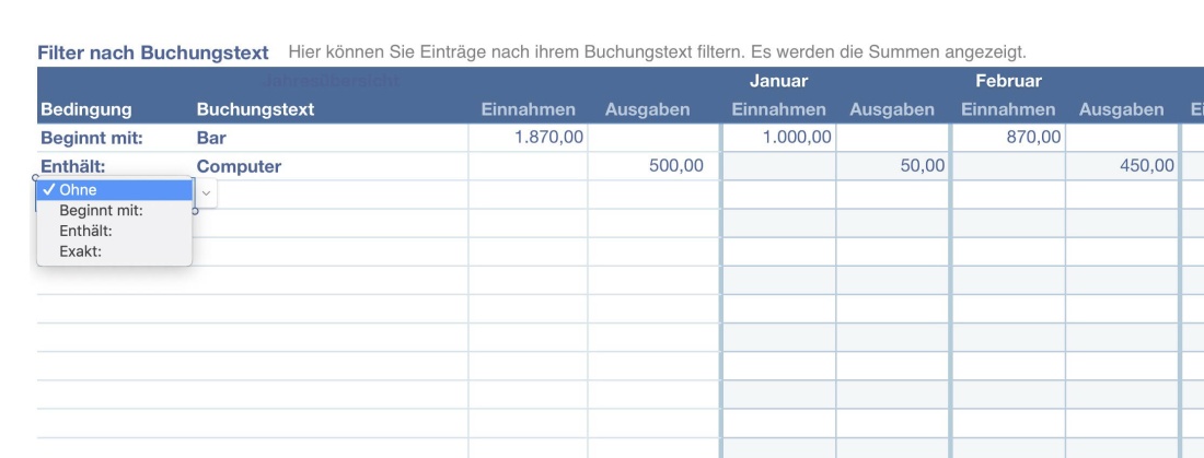 Numbers Vorlage Kassenbuch ohne USt 2025 Filtern