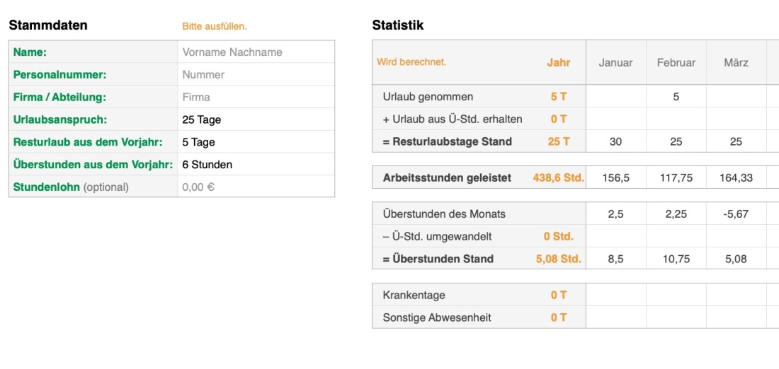 Numbers Vorlage Zeiterfassung Arbeitszeiterfassung Stammdaten 2026