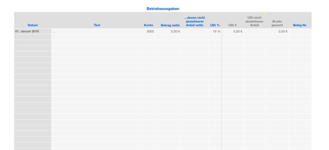 Vorlage Einnahmen-Überschuss-Rechnung 2016 für Mac und iPad Ausgaben Liste
