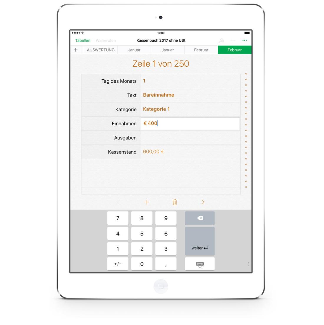 Numbers Vorlage Kassenbuch Formular auf iPad 2017
