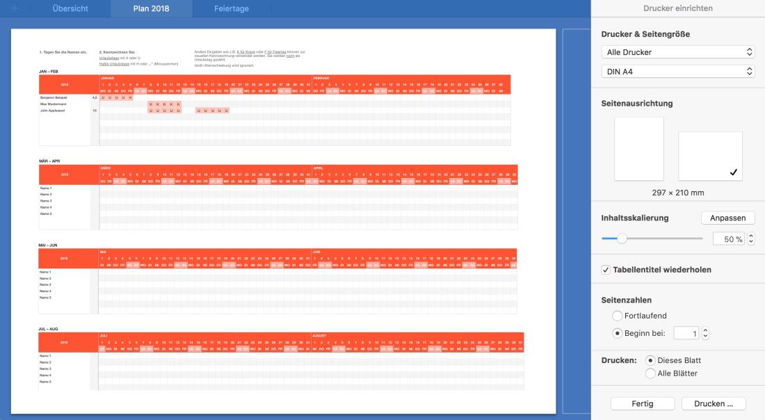 Numbers Vorlage Urlaubsplaner 2018 Drucken