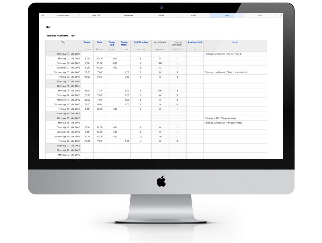 Numbers Vorlage Arbeitszeiterfassung mit Nachtschicht 2016 Mac