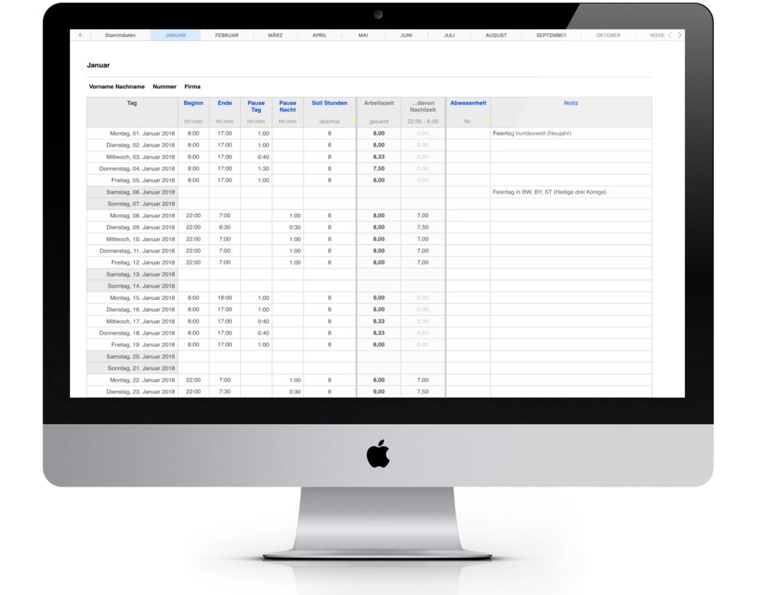 Numbers Vorlage Arbeitszeiterfassung mit Nachtschicht 2018 Mac