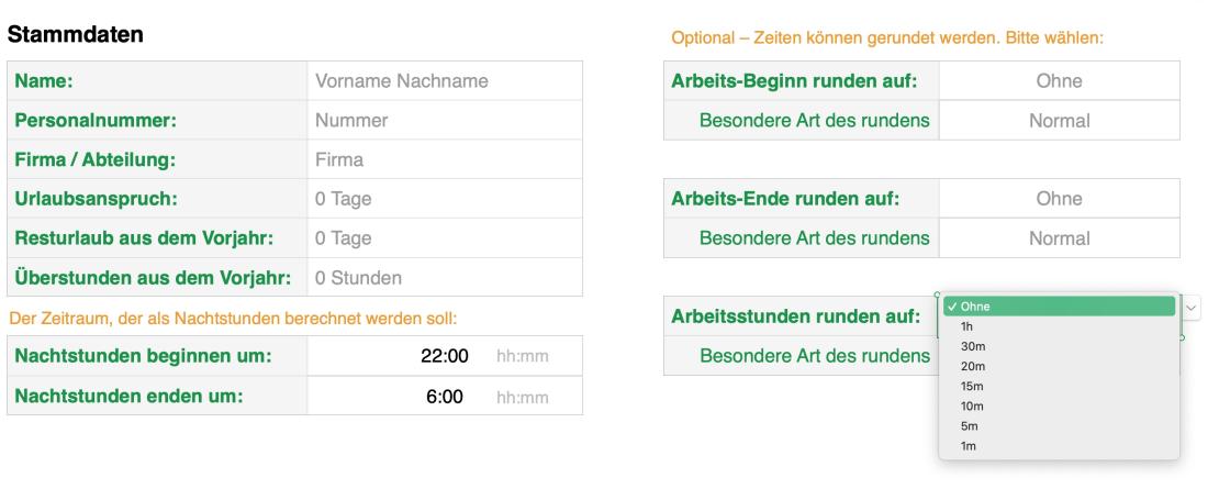 Numbers Vorlage Arbeitszeiterfassung mit Nachtschicht 2021 Stammdaten