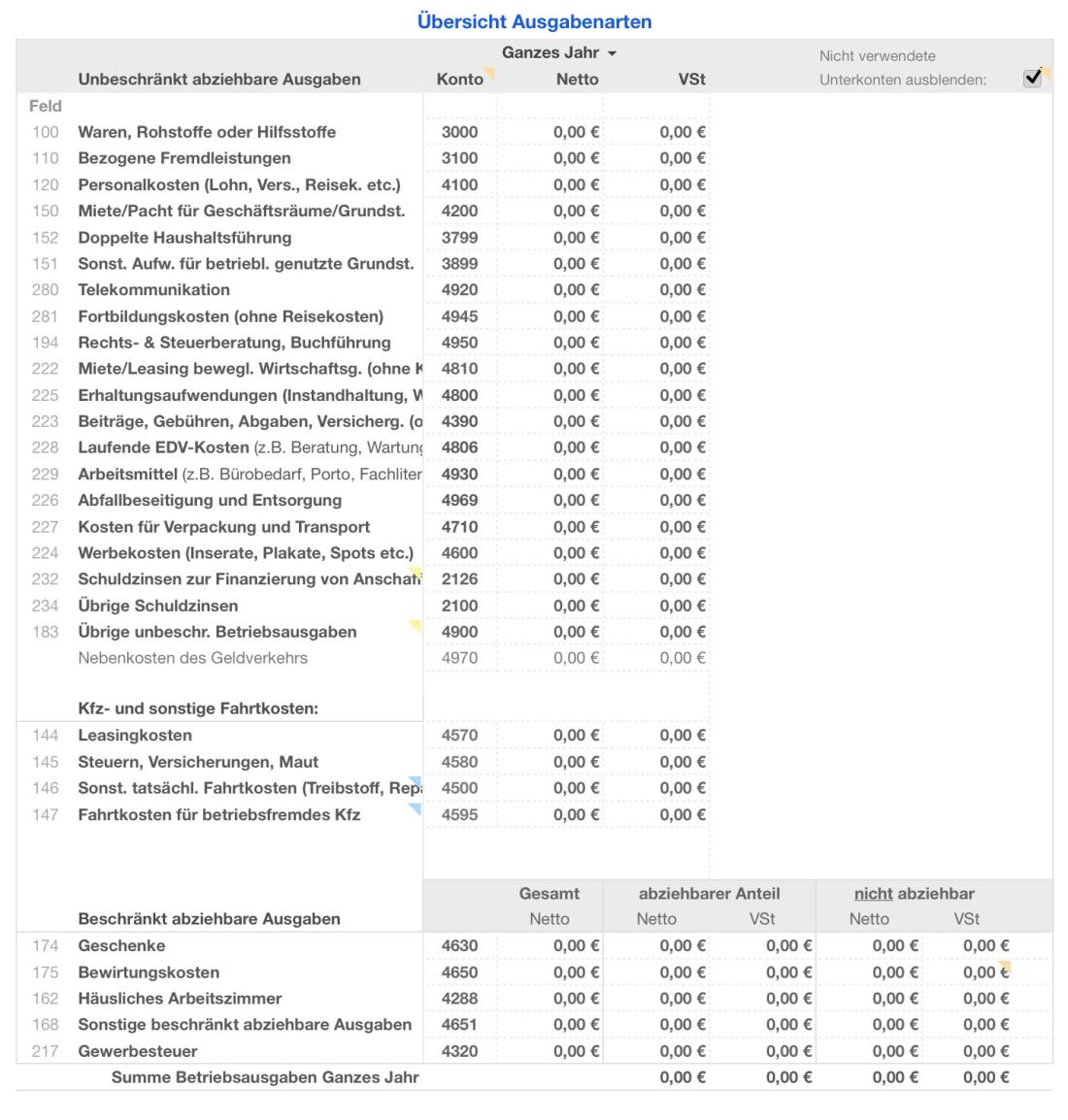 Vorlage Einnahmen-Überschuss-Rechnung 2020 für Mac und iPad Übersicht ausgaben