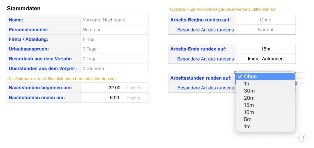 Numbers Vorlage Arbeitszeiterfassung mit Nachtschicht 2019 Stammdateneingabe