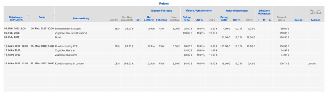 Einnahmen-Überschuss-Rechnung 2022 mit USt Reisekosten Eingabe