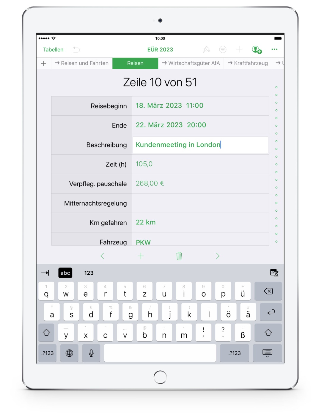Einnahmen-Überschuss-Rechnung 2023 mit USt Reisekosten für iPad